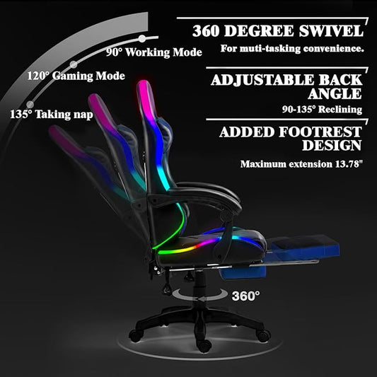 Czlolo RGB LED Lights Gaming Chair with Footrest for Adults and Kids Lumbar Support Massager Video Game Chair High Back Reclining Gamer Chair with Headrest 360° Swivel Computer Chair (Blue)